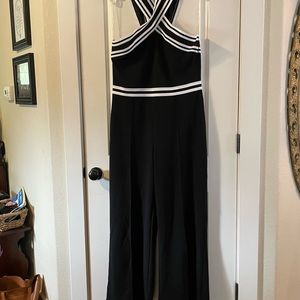 Women’s Black with White Striping Cross Neck Jumpsuit Sz 2XL